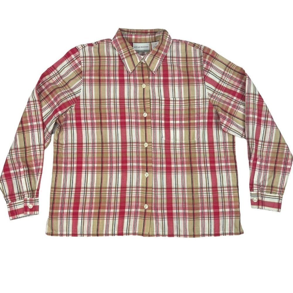 Alfred Dunner Womens Shirt Pink Tan Plaid Blouse 12P Petite